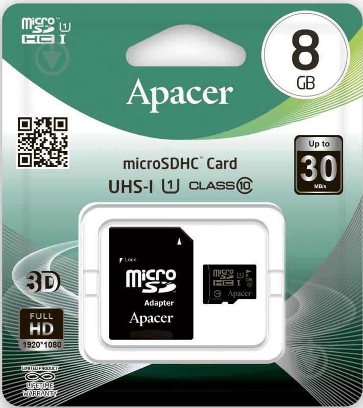 Карта памяти Apacer microSDHC 8 ГБ Class 10 (microSDHC 8GB UHS-I U1+adapter) - фото 2