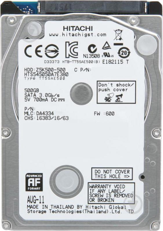 Жорсткий диск Hitachi HGST Travelstar Z5K500 500 ГБ 2,5" SATA II (0J11285 / HTS545050A7E380) - фото 1