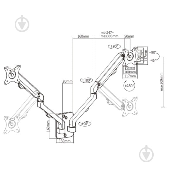 Кронштейн настенный Gembird MA-WA2-01, для 2 мониторов поворотно-наклонные 17"-27" черный - фото 2 Кронштейн настенный Gembird MA-WA2-01, для 2 мониторов поворотно-наклонные 17"-27" черный - фото 2