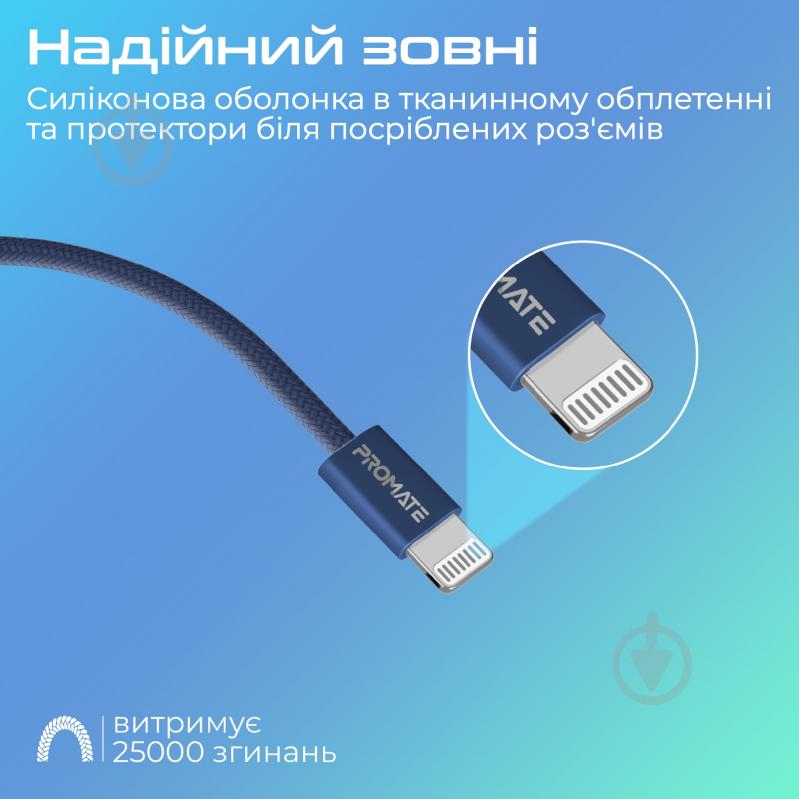 Кабель Promate EcoLine-Ci120 USB-C to Lightning 27W Power Delivery 1,2 м синий (ecoline-ci120.navy) - фото 5 Кабель Promate EcoLine-Ci120 USB-C to Lightning 27W Power Delivery 1,2 м синий (ecoline-ci120.navy) - фото 5