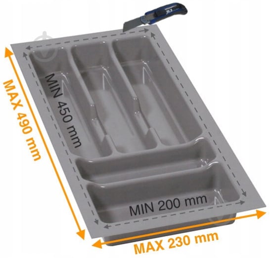 Лоток для столовых приборов Rejs PRO 230x490x45 мм фасад 300 мм пластиковый серый ТЕ13.2664.05.036 - фото 2