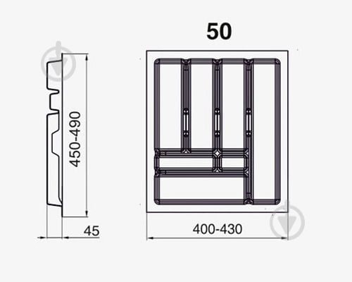 Лоток для столових приборів Rejs PRO 430x490x45 мм фасад 500 мм пластиковий сірий ТЕ13.2666.05.036 - фото 3 Лоток для столових приборів Rejs PRO 430x490x45 мм фасад 500 мм пластиковий сірий ТЕ13.2666.05.036 - фото 3