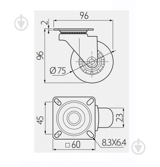 Ролик мебельный GTV Brazylia d75 мм h-96 мм повортный без стопора прозрачный (колесо для мебели) KM-RD-75-SF - фото 2