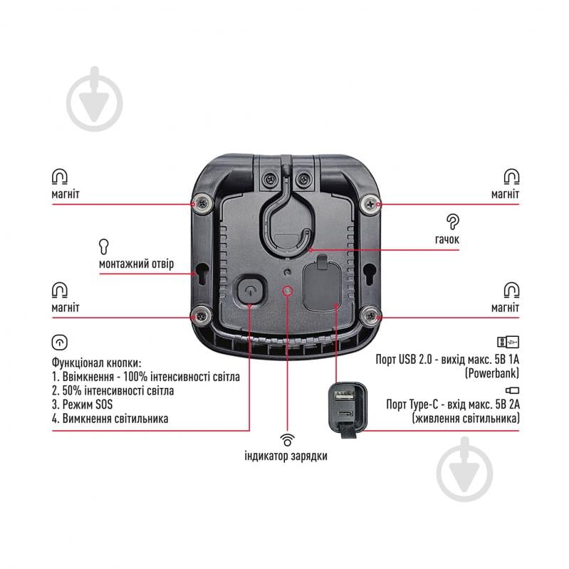 Ліхтар прожекторний Maxus Portable Emergency LED Light MAX-8W-BLK-EM - фото 3