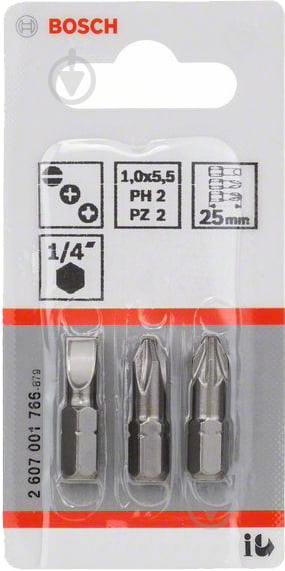 Набір біт Bosch Extra Hard 25 мм S1.0х5.5/PH2/PZ2 3 шт. 2607001766 - фото 2