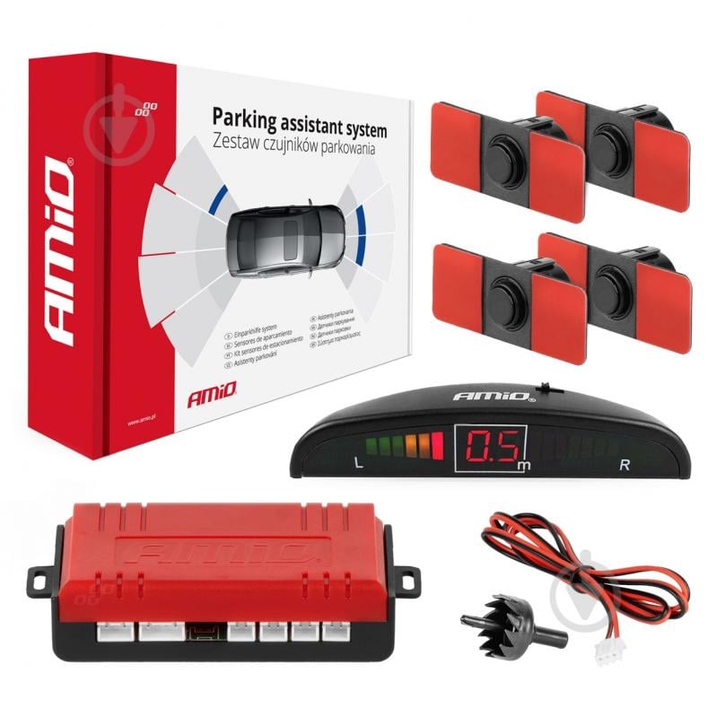 Парковочная система AMiO LED 4 датчика 16,5 мм черная (02255) - фото 1