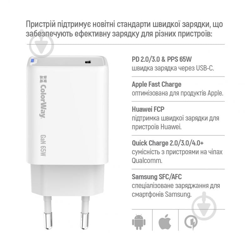 Зарядное устройство ColorWay GaN Mini 65W PD Port PPS USB-C белый - фото 6 Зарядное устройство ColorWay GaN Mini 65W PD Port PPS USB-C белый - фото 6