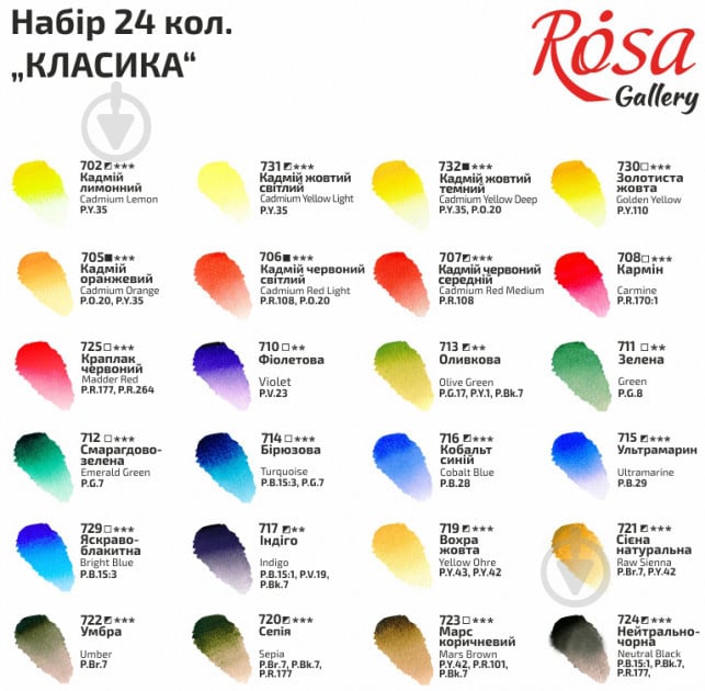 Набір акварельних фарб Класика 24 кольори кювета 2,5 мл 340124 ROSA Gallery - фото 2