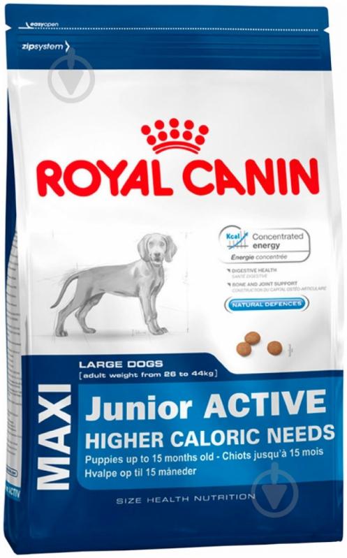Корм сухий для цуценят для крупних порід Royal Canin Maxi Junior Active 4 кг (свійська птиця, рис, кукурудза) 4 кг - фото 1 Корм сухий для цуценят для крупних порід Royal Canin Maxi Junior Active 4 кг (свійська птиця, рис, кукурудза) 4 кг - фото 1