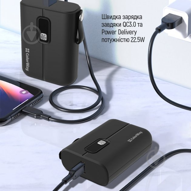 Повербанк ColorWay Full power Ligthning + USB QC3.0 + USB-C PD 22.5W 10000 mAh black (CW-PB100LPK2BK-PDD) - фото 11