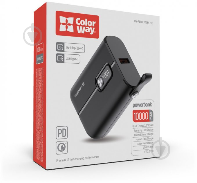 Повербанк ColorWay Full power Ligthning + USB QC3.0 + USB-C PD 22.5W 10000 mAh black (CW-PB100LPK2BK-PDD) - фото 3