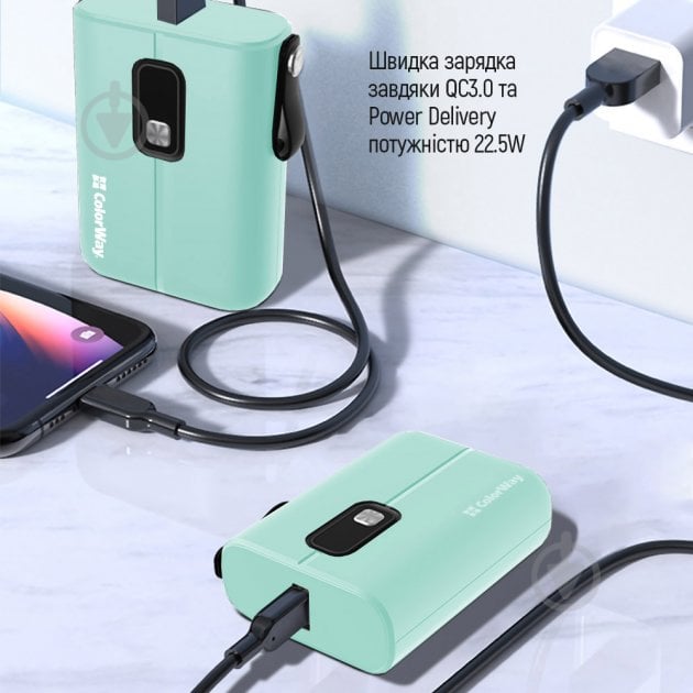 Повербанк ColorWay Full power Ligthning + USB QC3.0 + USB-C PD 22.5W 10000 mAh green (CW-PB100LPK2GR-PDD) - фото 10