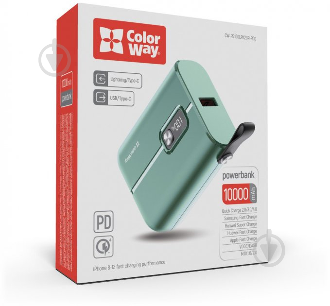 Повербанк ColorWay Full power Ligthning + USB QC3.0 + USB-C PD 22.5W 10000 mAh green (CW-PB100LPK2GR-PDD) - фото 3