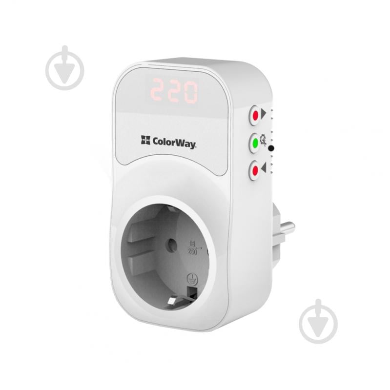 Реле напруги на розетці ColorWay (16A/3680W) 150V-210V/230V-280V DS1 white CW-VR16-01D - фото 1 Реле напруги на розетці ColorWay (16A/3680W) 150V-210V/230V-280V DS1 white CW-VR16-01D - фото 1