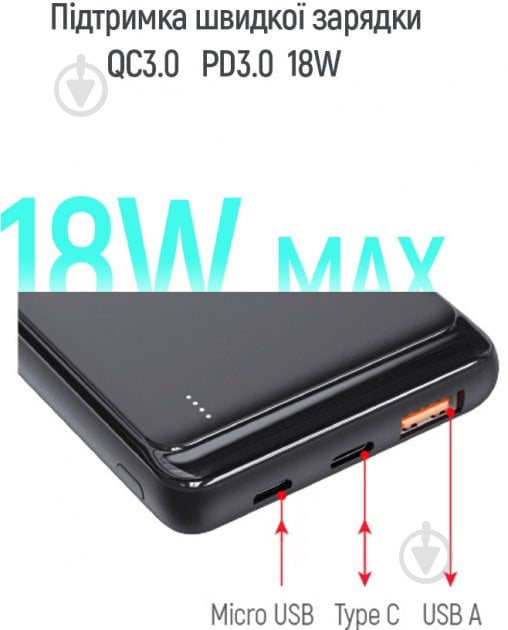 Повербанк ColorWay LCD USB QC3.0 + USB-C PD 22.5W 10000 mAh black (CW-PB100LPG3BK-PD) - фото 7