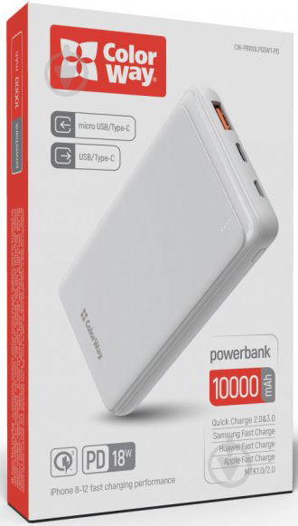 Повербанк ColorWay Slim USB QC3.0 + USB-C PD 18W 10000 mAh white (CW-PB100LPG3WT-PD) - фото 5