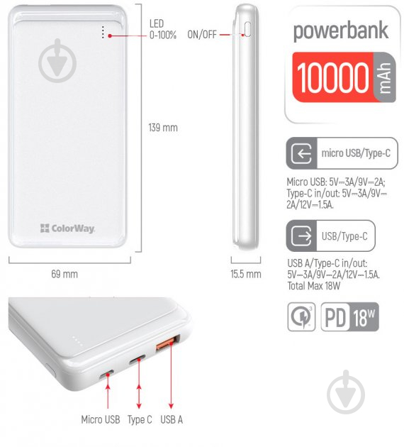 Повербанк ColorWay Slim USB QC3.0 + USB-C PD 18W 10000 mAh white (CW-PB100LPG3WT-PD) - фото 8