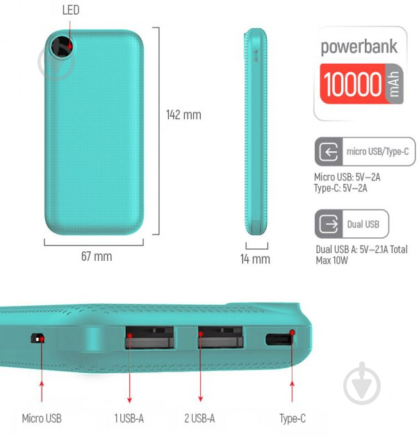 Повербанк ColorWay Slim LCD 10000 mAh green (CW-PB100LPH2GR-D) - фото 4