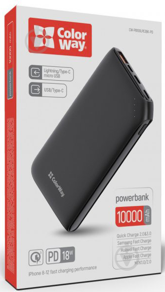 Повербанк ColorWay Soft touch Ligthning + USB QC3.0 + USB-C PD 18W 10000 mAh black (CW-PB100LPE3BK-PD) - фото 6