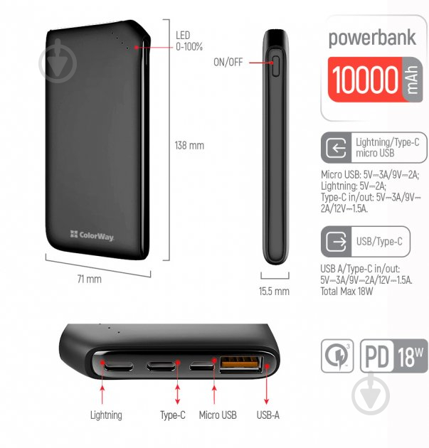 Повербанк ColorWay Soft touch Ligthning + USB QC3.0 + USB-C PD 18W 10000 mAh black (CW-PB100LPE3BK-PD) - фото 8