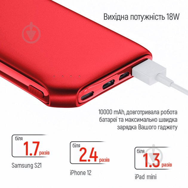 Повербанк ColorWay Soft touch Ligthning + USB QC3.0 + USB-C PD 18W 10000 mAh red (CW-PB100LPE3RD-PD) - фото 9