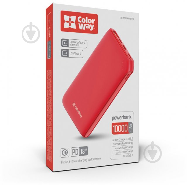 Повербанк ColorWay Soft touch Ligthning + USB QC3.0 + USB-C PD 18W 10000 mAh red (CW-PB100LPE3RD-PD) - фото 4