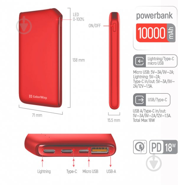 Повербанк ColorWay Soft touch Ligthning + USB QC3.0 + USB-C PD 18W 10000 mAh red (CW-PB100LPE3RD-PD) - фото 6