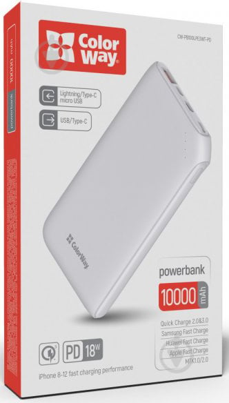 Повербанк ColorWay Soft touch Ligthning + USB QC3.0 + USB-C PD 18W 10000 mAh white (CW-PB100LPE3WT-PD) - фото 3