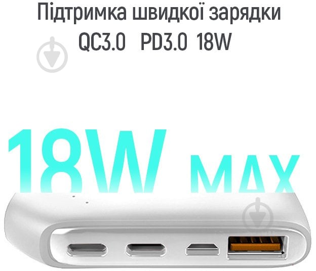 Повербанк ColorWay Soft touch Ligthning + USB QC3.0 + USB-C PD 18W 10000 mAh white (CW-PB100LPE3WT-PD) - фото 6