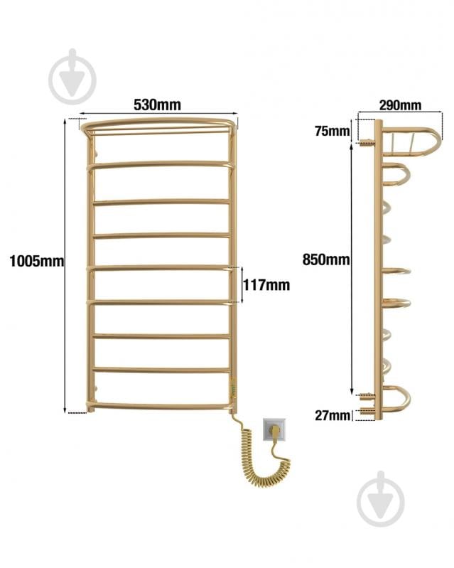 Полотенцесушитель электрический Elna Каскад с полкой 9 (1010*530*290) полированное золото с диммером t - фото 6