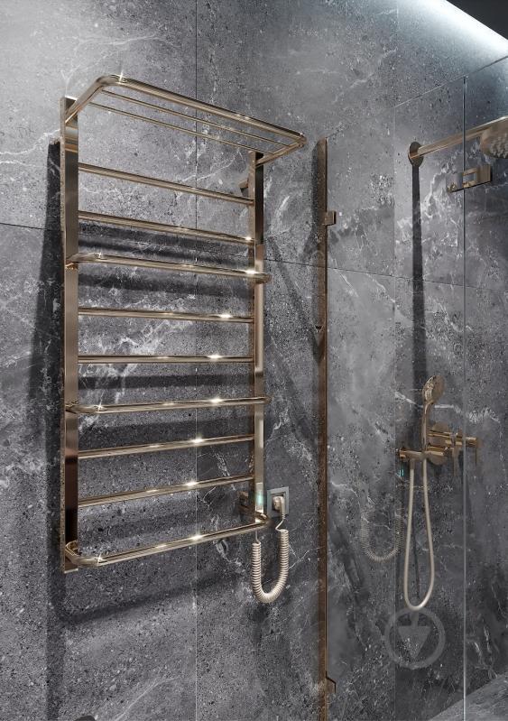 Полотенцесушитель электрический Elna Каскад Люкс з полицею 10 (1010*530*290) поліроване золото з діммером t - фото 1