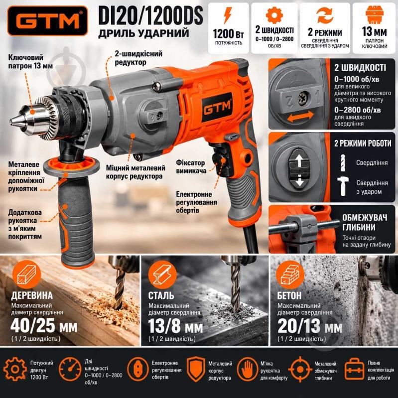 Дрель ударная GTM DI20/1200DS - фото 6