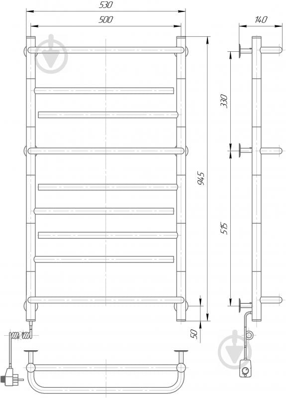 Полотенцесушитель Elna Элна–9 945х530х140 л/п поворотный нержавеющая сталь с регулятором - фото 2