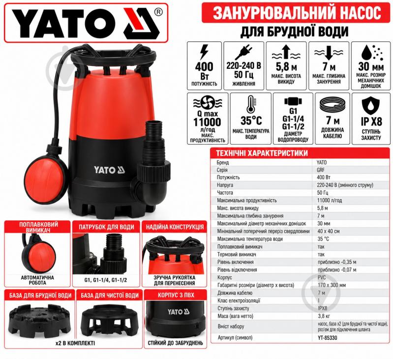 Насос для брудної води YATO YT-85330 - фото 4