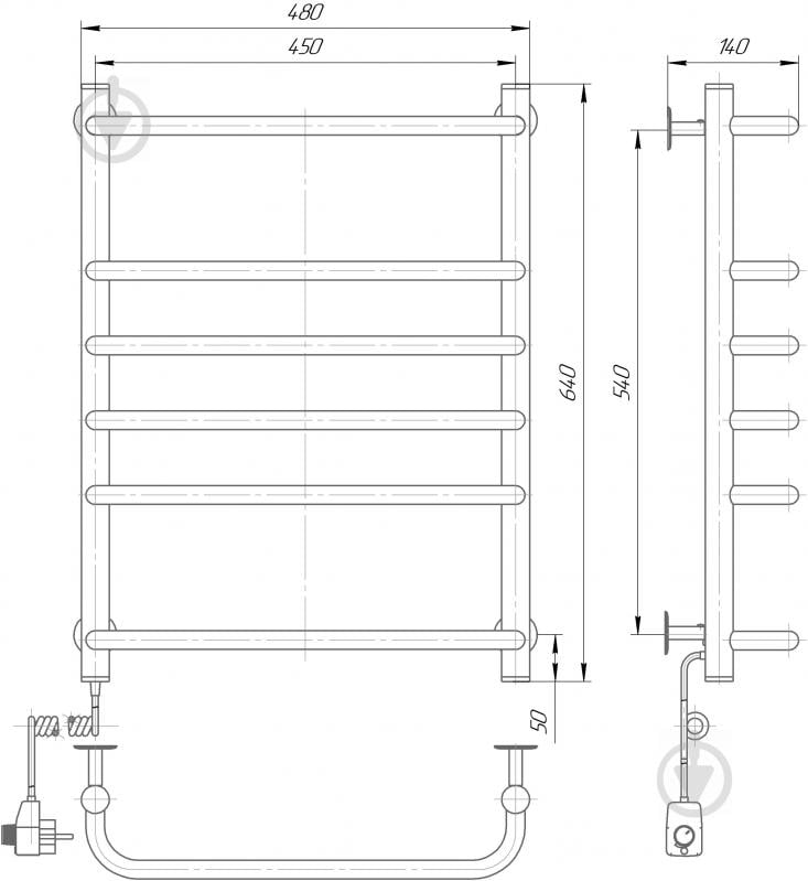 Полотенцесушитель Elna Стандарт–6 640х480х140 л/п нержавеющая сталь с регулятором - фото 2