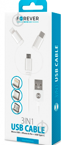 Кабель Forever 3в1 USB - Lightning + USB-C + microUSB з адаптерами 1 м білий (5900495620224) - фото 2