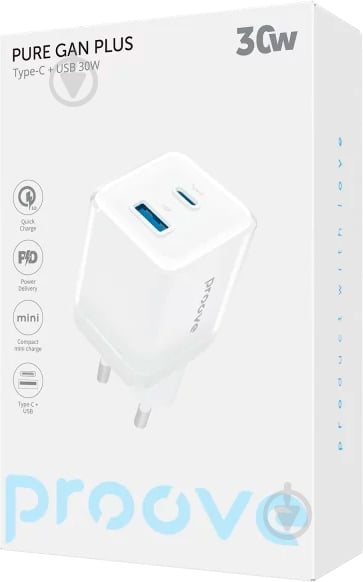 Мережевий зарядний пристрій Proove Pure GaN Plus 30W (Type-C + USB) (WCPU30111202) white - фото 3 Мережевий зарядний пристрій Proove Pure GaN Plus 30W (Type-C + USB) (WCPU30111202) white - фото 3