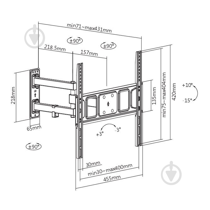 Крепление для телевизора Kivi Motion-443, 35кг, поворотно-наклонные 71"-431" черный - фото 12