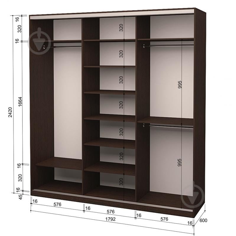 Шафа-купе 3.262.242.60-3 ROKO 1792x600x2420 мм венге двері ДСП/дзеркало/ДСП - фото 2