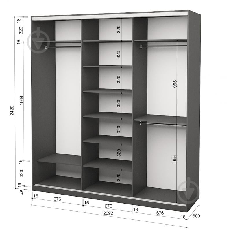 Шкаф-купе 3.262.242.60-3 ROKO 2092x600x2420 мм серый двери / ДСП/зеркало/ДСП - фото 2