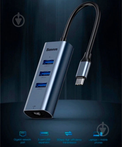 Адаптер BASEUS Type-C to USB3.0*3+RJ45, grey (CAHUB-M0G) - фото 7