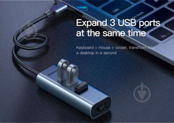 Адаптер BASEUS Type-C to USB3.0*3+RJ45, grey (CAHUB-M0G) - фото 6