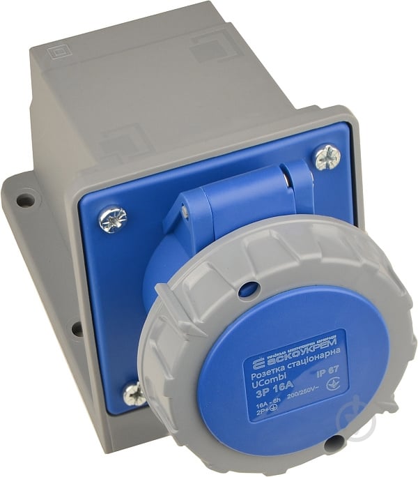 Розетка силова стаціонарна із заземленням АСКОУКРЕМ UСombi 3P 16A IP67 сірий із синім A0080010143 - фото 1 Розетка силова стаціонарна із заземленням АСКОУКРЕМ UСombi 3P 16A IP67 сірий із синім A0080010143 - фото 1