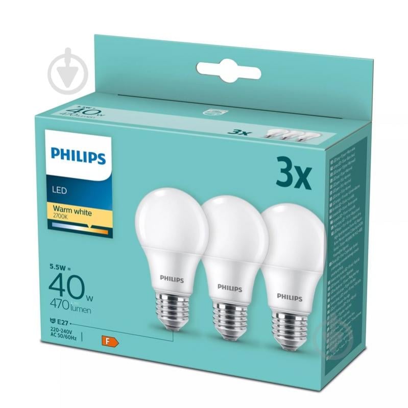 Лампа светодиодная Philips 3 шт. 4,9 Вт A60 Е27 220 В 929003540203 - фото 1
