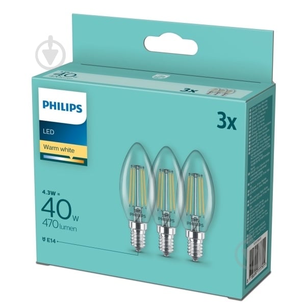 Лампа светодиодная Philips 3 шт. B35 4,3 Вт E14 220 В прозрачная 929001889733 - фото 1 Лампа светодиодная Philips 3 шт. B35 4,3 Вт E14 220 В прозрачная 929001889733 - фото 1