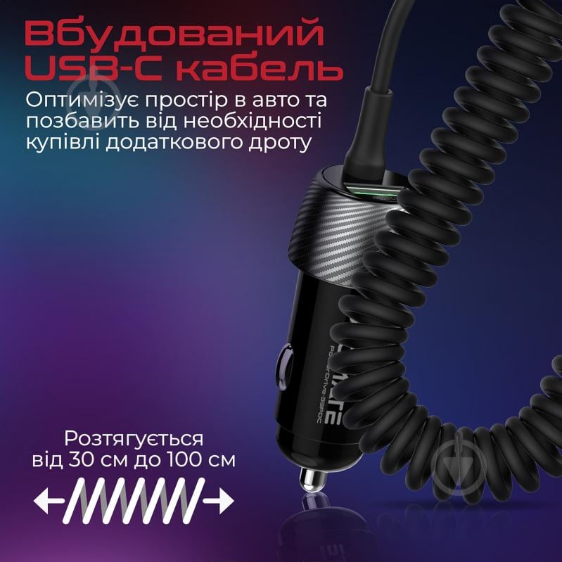 Автомобильное зарядное устройство Promate PowerDrive-33PDC, 33 Вт, USB-C кабель + USB-A порт - фото 4