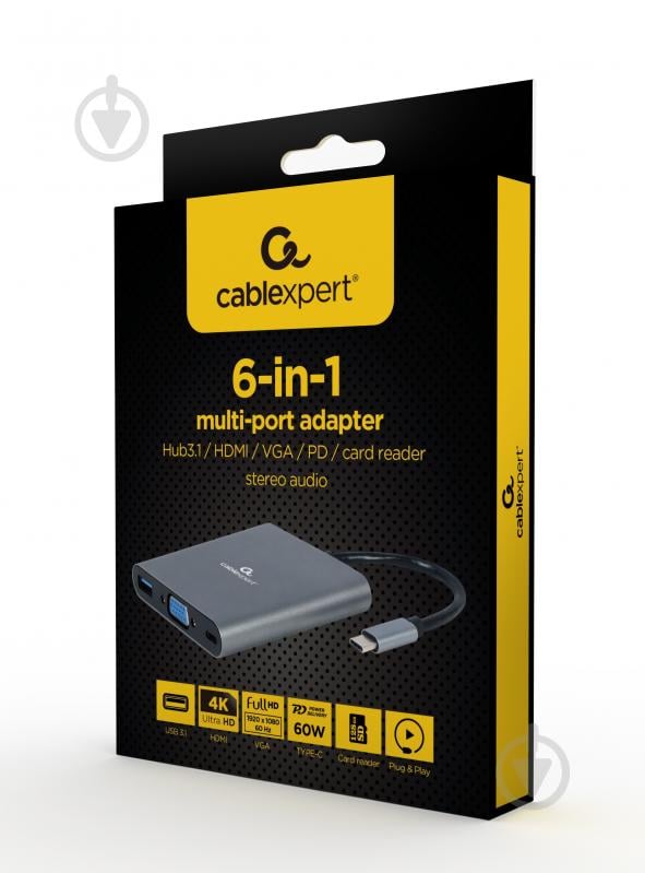 Док-станция A-CM-COMBO6-01, 6-в-1 (Hub3.1 / HDMI / VGA / PD / карт-ридер / стереоаудио) - фото 4