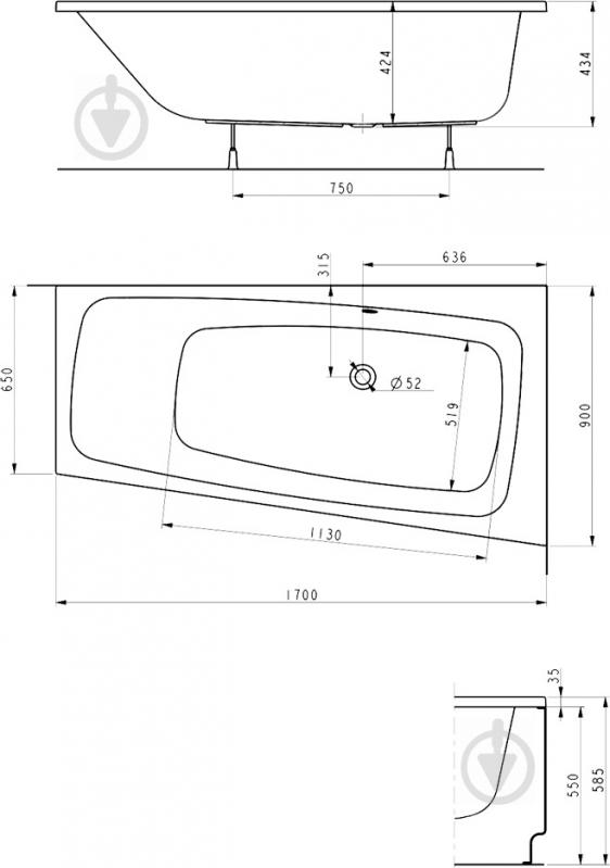 Ванна акрилова Kolo 170х90 см Split 170x90 см XWA1670000 - фото 2