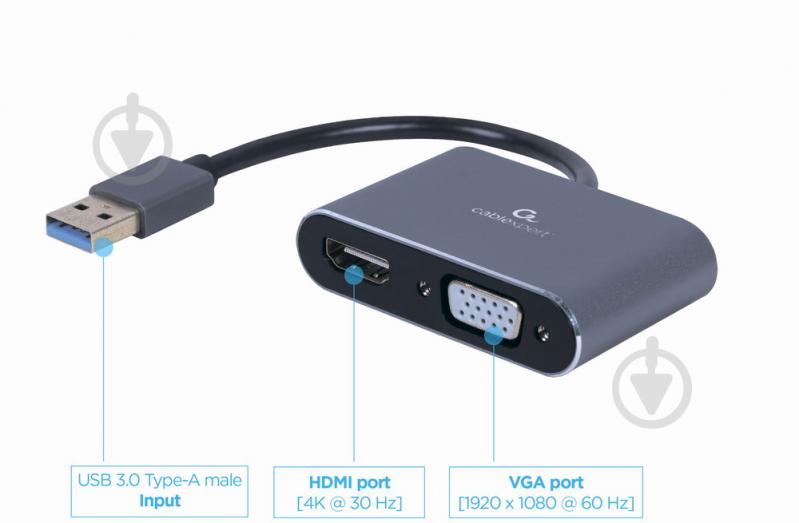 Перехідник Cablexpert USB-A на HDMI/VGA 0,15 м grey (A-USB3-HDMIVGA-01) - фото 2