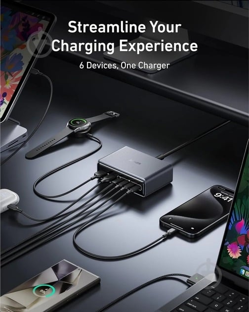 Сетевое зарядное устройство Anker GaNPrime Charger 200W 4xUSB-C PD 2xUSB-A Black (A2683341) - фото 4 Сетевое зарядное устройство Anker GaNPrime Charger 200W 4xUSB-C PD 2xUSB-A Black (A2683341) - фото 4